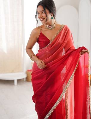 Red ombre sequinned tissue saree 5