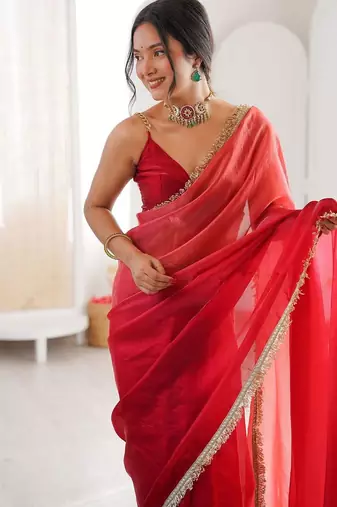 Red ombre sequinned tissue saree