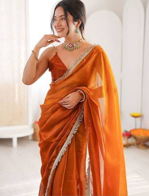 Orange sequinned tissue saree 2
