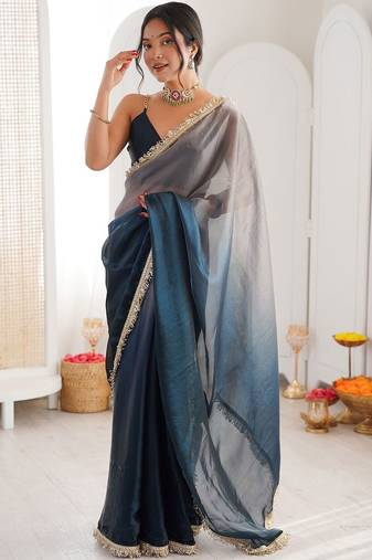 Blue ombre sequinned tissue saree