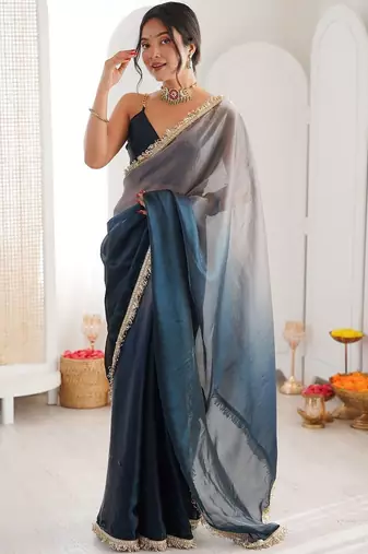 Blue ombre sequinned tissue saree