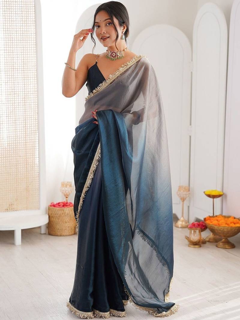 Blue ombre sequinned tissue saree