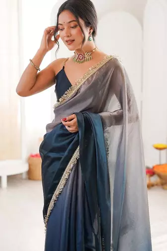 Blue ombre sequinned tissue saree