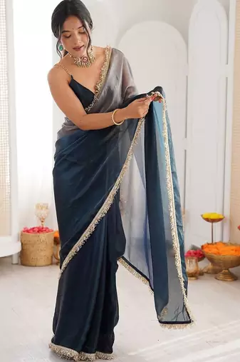 Blue ombre sequinned tissue saree