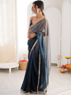 Blue ombre sequinned tissue saree 5