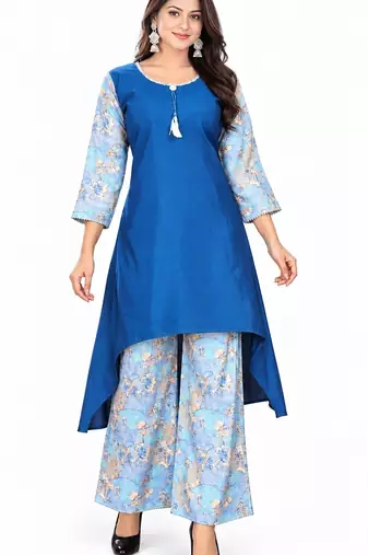 Women's Royal Blue High-Low Kurti with Floral Printed Palazzo Set