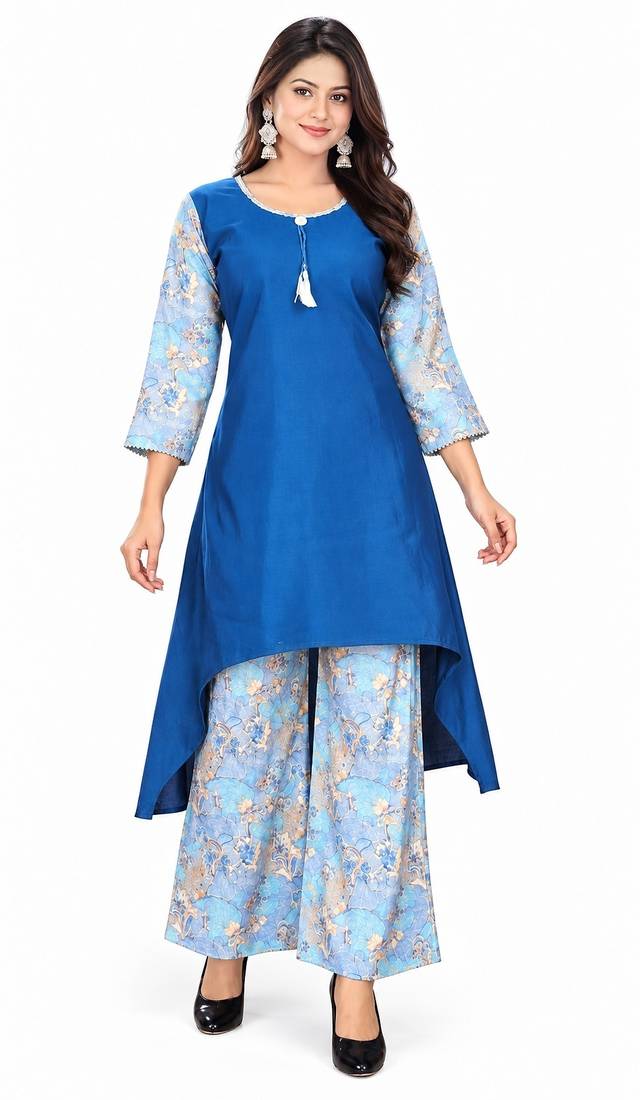 Women's Royal Blue High-Low Kurti with Floral Printed Palazzo Set