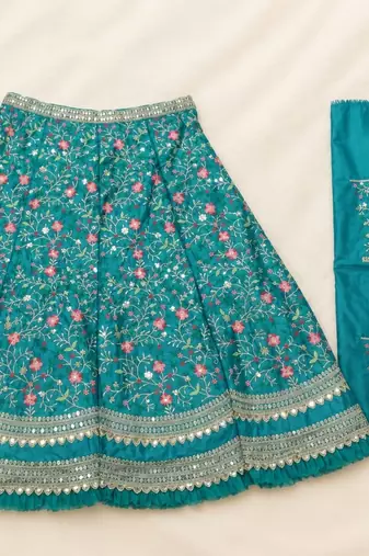 Aqua Blue satin Party wear Embroidered Work Lehenga Choli
