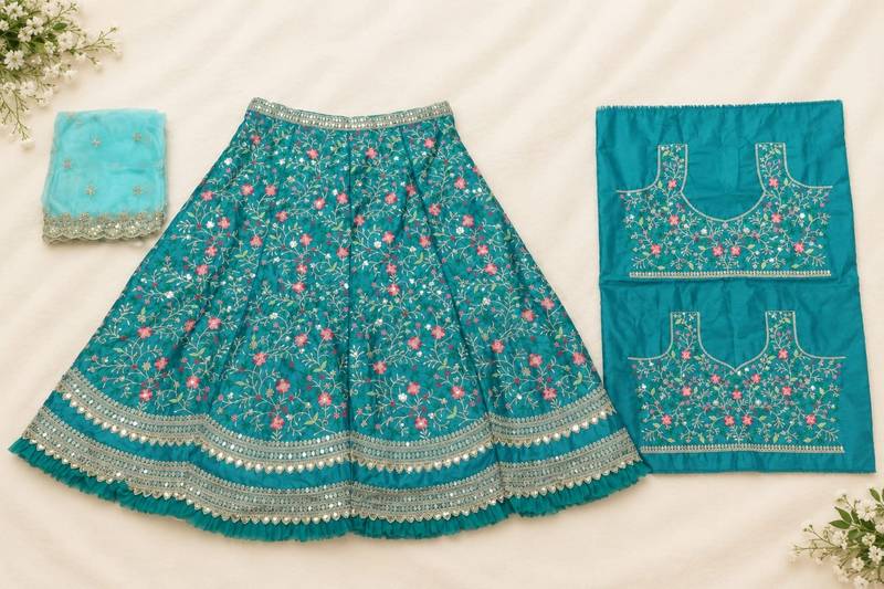 Aqua Blue satin Party wear Embroidered Work Lehenga Choli