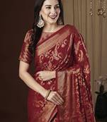 Red ethnic motif zari woven kanjeevaram saree