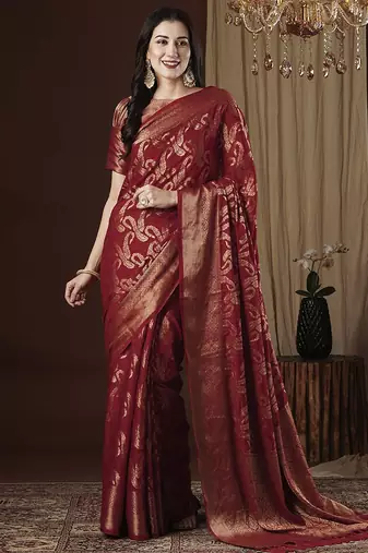 Red ethnic motif zari woven kanjeevaram saree