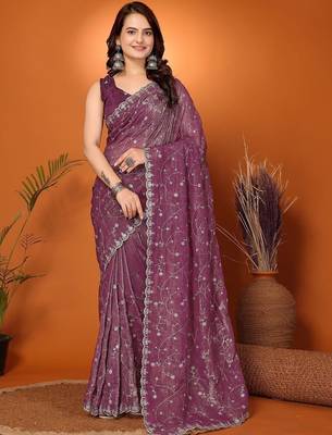 Purple embellished embroidered tissue heavy work saree 1