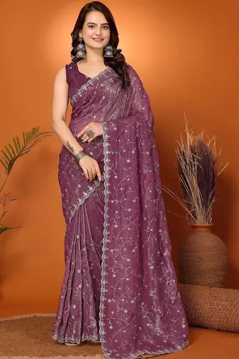 Purple embellished embroidered tissue heavy work saree