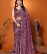 Purple embellished embroidered tissue heavy work saree
