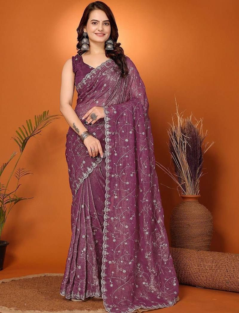 Purple embellished embroidered tissue heavy work saree
