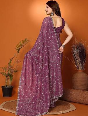 Purple embellished embroidered tissue heavy work saree 2