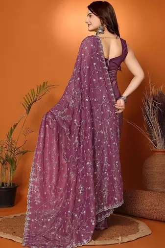 Purple embellished embroidered tissue heavy work saree