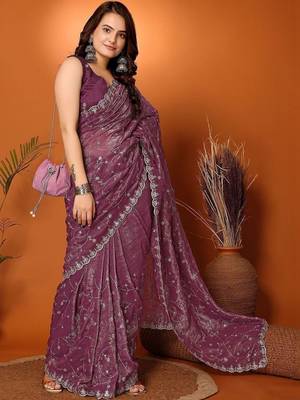 Purple embellished embroidered tissue heavy work saree 3