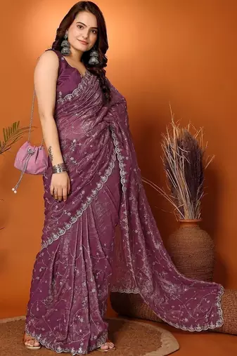 Purple embellished embroidered tissue heavy work saree