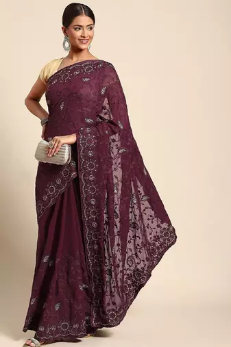 Burgundy floral beads and stones poly georgette saree