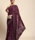 Burgundy floral beads and stones poly georgette saree