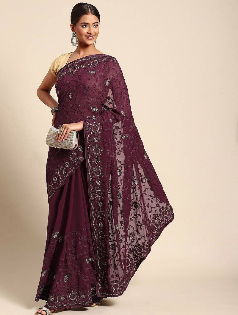 Burgundy floral beads and stones poly georgette saree