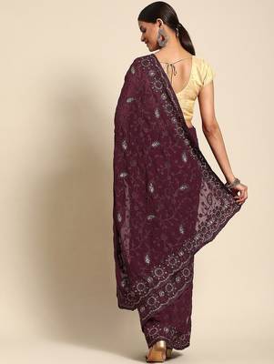 Burgundy floral beads and stones poly georgette saree 2