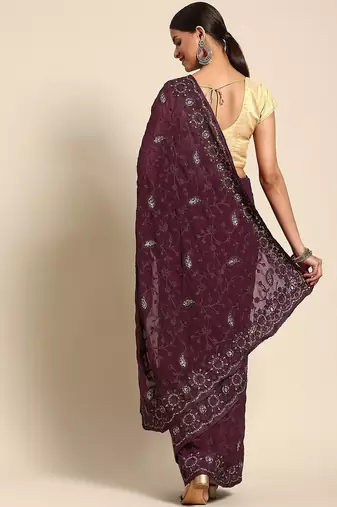 Burgundy floral beads and stones poly georgette saree