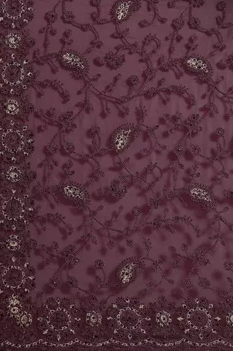 Burgundy floral beads and stones poly georgette saree
