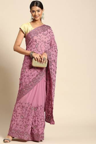 Pink floral beads and stones poly georgette saree