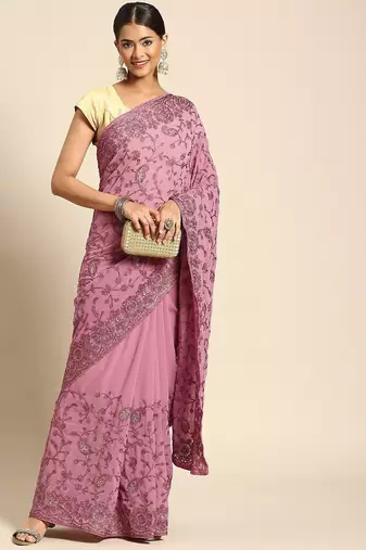 Pink floral beads and stones poly georgette saree