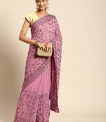Pink floral beads and stones poly georgette saree