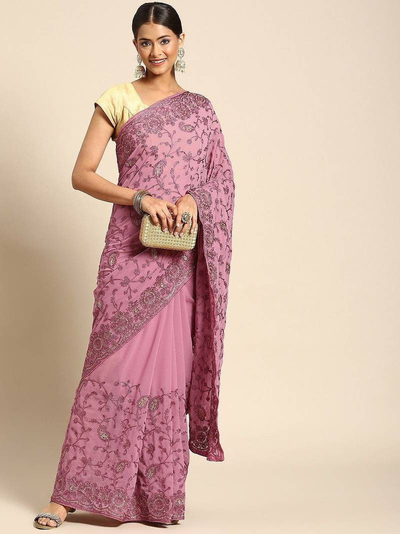Pink floral beads and stones poly georgette saree