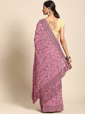 Pink floral beads and stones poly georgette saree 2
