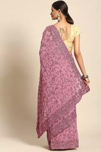 Pink floral beads and stones poly georgette saree