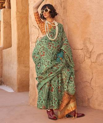 Sea green floral jaali tissue bagru saree 1