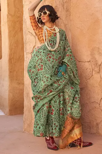 Sea green floral jaali tissue bagru saree