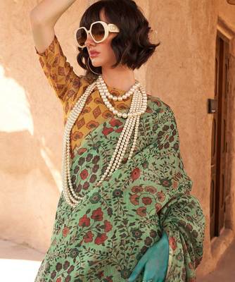 Sea green floral jaali tissue bagru saree 2
