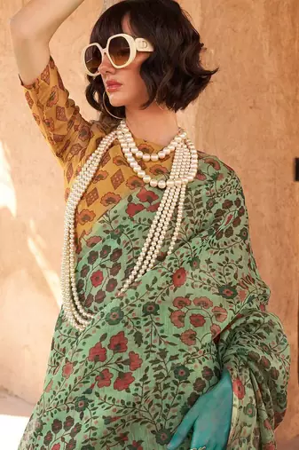 Sea green floral jaali tissue bagru saree