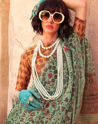 Sea green floral jaali tissue bagru saree 3