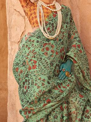 Sea green floral jaali tissue bagru saree 4
