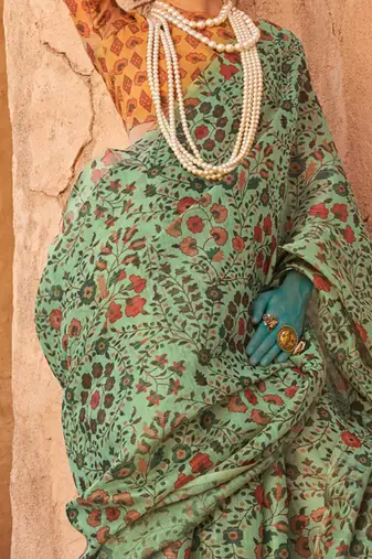 Sea green floral jaali tissue bagru saree