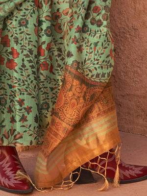 Sea green floral jaali tissue bagru saree 5