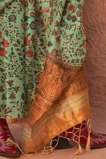 Sea green floral jaali tissue bagru saree
