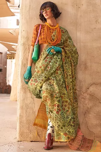 Green floral jaali tissue bagru saree