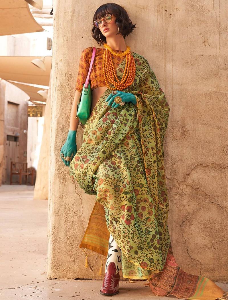 Green floral jaali tissue bagru saree