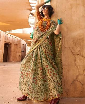 Green floral jaali tissue bagru saree 2