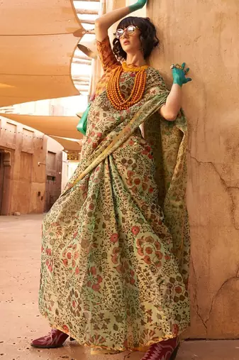 Green floral jaali tissue bagru saree