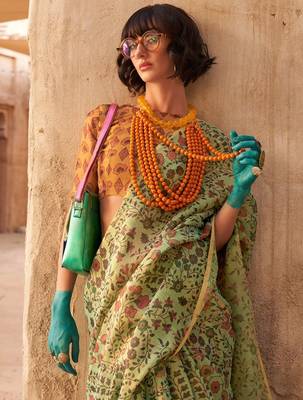 Green floral jaali tissue bagru saree 3