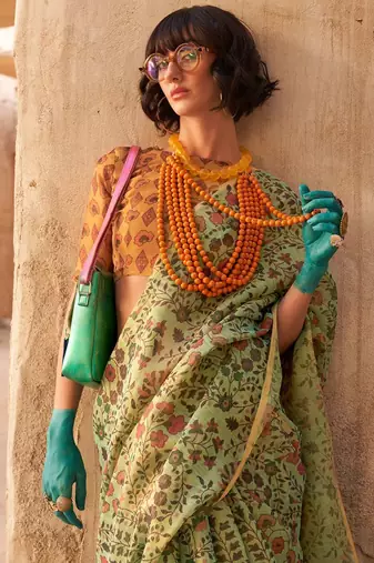 Green floral jaali tissue bagru saree
